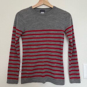 Patagonia women’s wool long sleeve shirt grey and red striped. Size extra small.